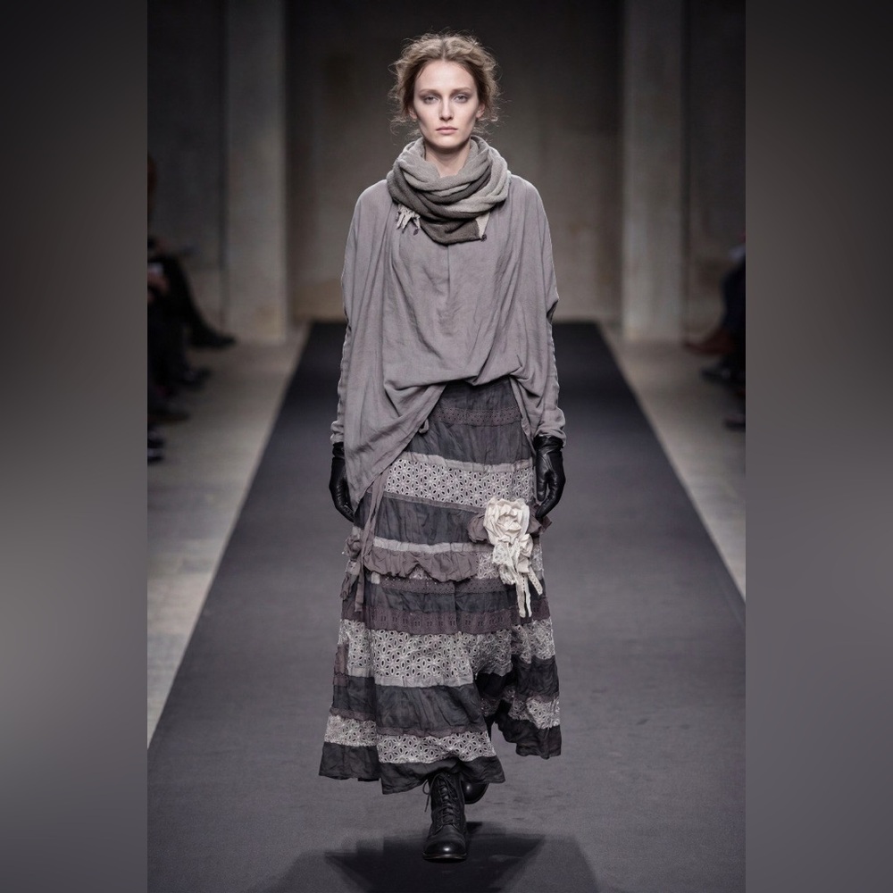 Hand Crafted Gray Tiered Boho Maxi Skirt with Lace Flowers
